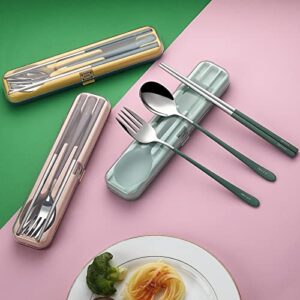 DEVICO Portable Utensils, Travel Reusable Silverware Flatware Set for Lunch, 18/8 Stainless Steel 4-Piece Camping Cutlery Include Fork Spoon Chopsticks with Case (Green)