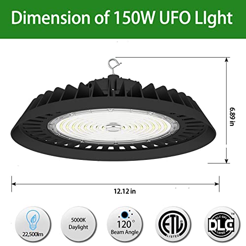 OSTEK 2Pack UFO led high Bay Light 150W, 0-10V Dimmable High Bay LED Lighting Fixture, 5000K, US Hook 5' Cable Barn Workshop Bay Lighting for Garage/Commercial Warehouse/Wet Location