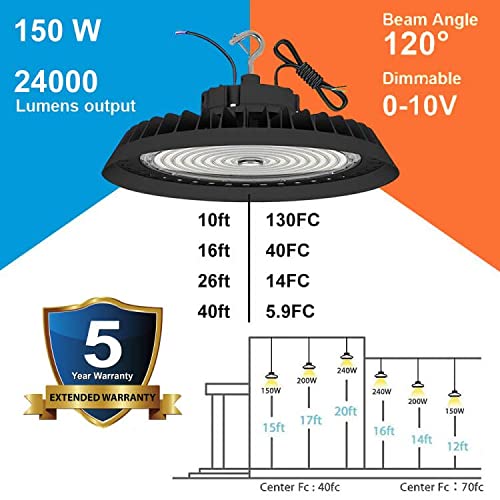 OSTEK 2Pack UFO led high Bay Light 150W, 0-10V Dimmable High Bay LED Lighting Fixture, 5000K, US Hook 5' Cable Barn Workshop Bay Lighting for Garage/Commercial Warehouse/Wet Location