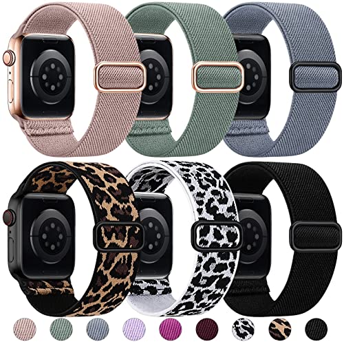 Stretchy Nylon Sport Bands Compatible with Apple Watch Band 38mm 40mm 41mm 42mm 44mm 45mm Women Men, Adjustable Braided Elastic Solo Loop Bands for iWatch SE Series 8/7/6/5/4/3/2，6 Packs E