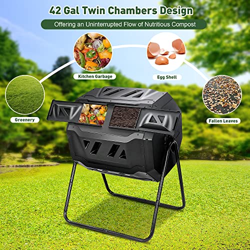 LUCKYERMORE Tumbling Composter 42 Gallon Compost Tumbler Outdoor Compost Bin Dual Chamber Composting Tumblers BPA Free Material with Secure Sliding Doors for Garden Yard Outdoor