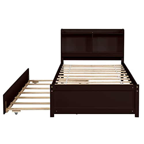 MERITLINE Twin Bed with Twin Size Trundle and Bookcase Headboard, Solid Wood Platform Beds with Storage for Kids Teens Adults, No Box Spring Needed (Twin Size, Espresso)