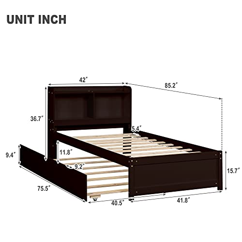 MERITLINE Twin Bed with Twin Size Trundle and Bookcase Headboard, Solid Wood Platform Beds with Storage for Kids Teens Adults, No Box Spring Needed (Twin Size, Espresso)