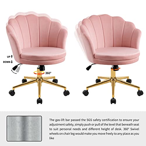 Furnimart Home Office Chair with Wheels Upholstered Comfy Velvet Desk Chair Stool, Adjustable Swivel Modern Seashell Back Vanity Chair for Living Room, Bedroom, Office (Pink)