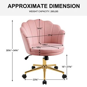 Furnimart Home Office Chair with Wheels Upholstered Comfy Velvet Desk Chair Stool, Adjustable Swivel Modern Seashell Back Vanity Chair for Living Room, Bedroom, Office (Pink)