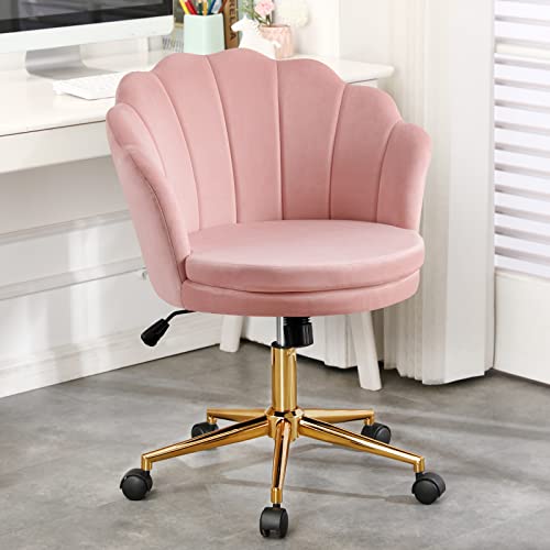 Furnimart Home Office Chair with Wheels Upholstered Comfy Velvet Desk Chair Stool, Adjustable Swivel Modern Seashell Back Vanity Chair for Living Room, Bedroom, Office (Pink)