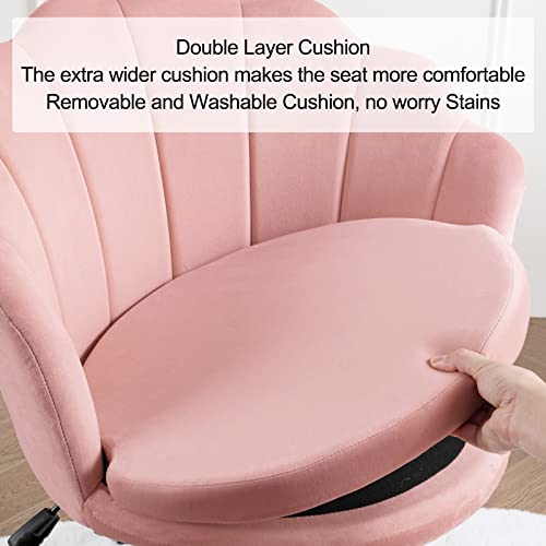 Furnimart Home Office Chair with Wheels Upholstered Comfy Velvet Desk Chair Stool, Adjustable Swivel Modern Seashell Back Vanity Chair for Living Room, Bedroom, Office (Pink)