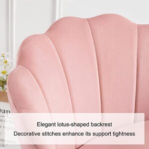 Furnimart Home Office Chair with Wheels Upholstered Comfy Velvet Desk Chair Stool, Adjustable Swivel Modern Seashell Back Vanity Chair for Living Room, Bedroom, Office (Pink)