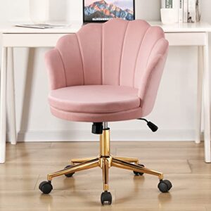 Furnimart Home Office Chair with Wheels Upholstered Comfy Velvet Desk Chair Stool, Adjustable Swivel Modern Seashell Back Vanity Chair for Living Room, Bedroom, Office (Pink)