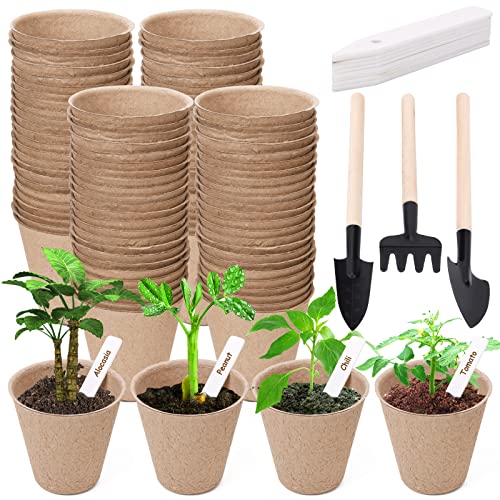 NuCandle 3” Peat Pots Seedling Pots Plant Starters Bulk 100 Pack Seed Starter Pots Biodegradable Plant Cups with Labels, Mini Seedling Tools for Garden Germination Nursery Pot