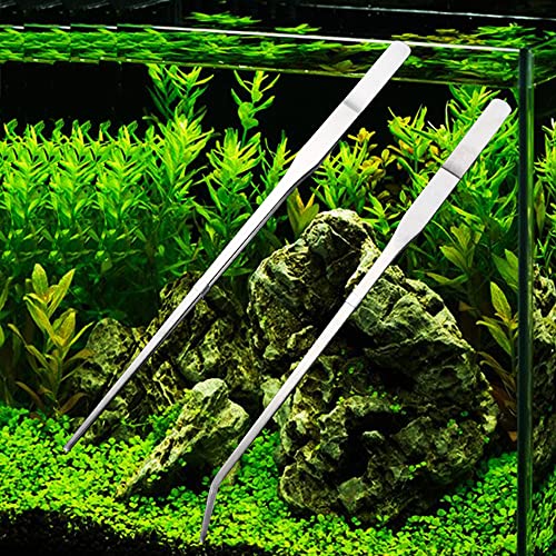 Aquarium Tweezers Extra Long 10.6 inches (27cm),, 2 Piece Aquarium Tweezers Stainless Steel Straight and Curved Tweezers Set for Foreground Fish Tank Plant Aquascape Tools, Feeding Tongs