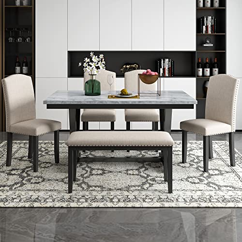 6 Piece Dining Table Set, Modern Style 6-Person Dining Table with 4 Upholstered Chairs & a Bench, Wood Kitchen Table Set for 6 Persons, White +Black