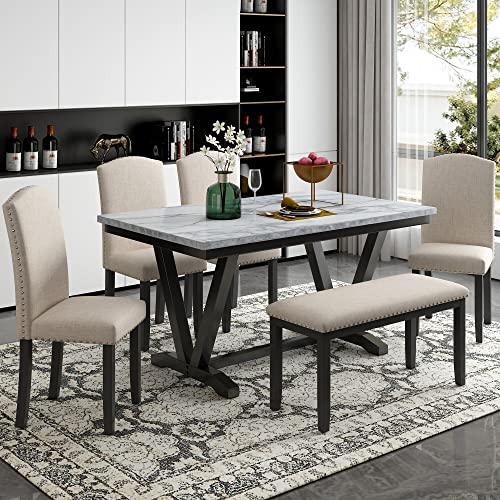 6 Piece Dining Table Set, Modern Style 6-Person Dining Table with 4 Upholstered Chairs & a Bench, Wood Kitchen Table Set for 6 Persons, White +Black