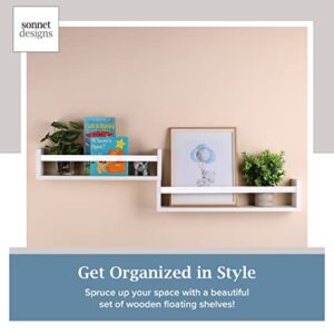 Sonnet Designs Floating Shelves - Set of 3 Wall Mounted Shelves for Nursery Decor, Living Room, Office, Bathroom & Kitchen - Solid Pine Wood with Sturdy Rod - All White Floating Shelf Set