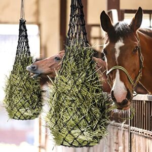 woiworco 2 packs slow feed hay net for horses, 40 inch length 2 x 2 inch holes goat hay feeder, adjustable nylon hanging hay bags for horse goat feed, horses stall and trailer, reduce waste