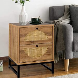 recaceik ratten nightstand, natural end/bedside table cabinet with 2 ratten drawers storage and metal legs, rustic shelf bedside end side accent table for living room, bed room…