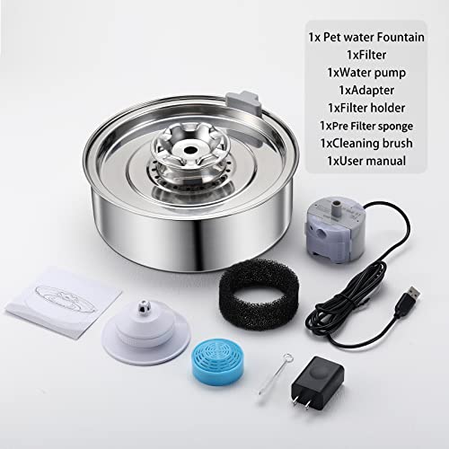 Cat Water Fountain,Stainless Steel Pet Water Fountain for Cats Inside,Automatic Cat Water Dispenser,Cat Fountain Water Bowl with Ultra Quiet Pump for Cats and Small Dogs (Silver)