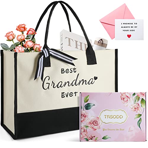 TRSODD Grandma Gifts, Gifts for Grandma, Embroidery Tote Bag for Women, Grandma Birthday Gifts, Best Grandma Ever Beach Bag with Inner Pocket, Beautiful Gift Box and Greeting Card Sets