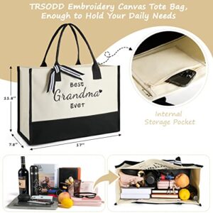 TRSODD Grandma Gifts, Gifts for Grandma, Embroidery Tote Bag for Women, Grandma Birthday Gifts, Best Grandma Ever Beach Bag with Inner Pocket, Beautiful Gift Box and Greeting Card Sets