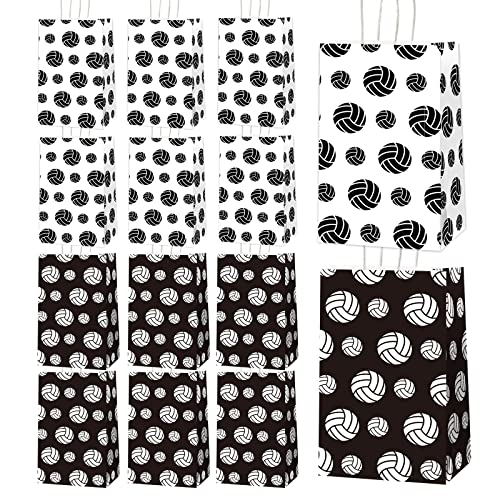 chiazllta 12 Pcs Volleyball Gift Bags for Team Volleyball Party Favor Goody Treat Bag with Handle Volleyball Paper Bag Kraft Candy Bags for Sport Theme Birthday Party Decor Black & White