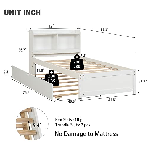 Olela Twin Bed with Trundle Bookshelf, Platform Twin Bed with Trundle with Bookcase Storage for Girls Boys, No Need Box Spring (White)