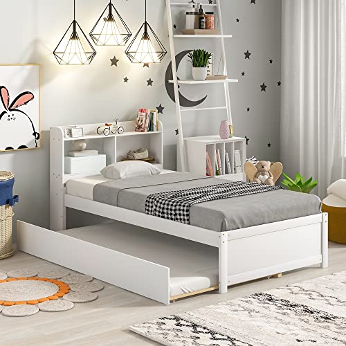 Olela Twin Bed with Trundle Bookshelf, Platform Twin Bed with Trundle with Bookcase Storage for Girls Boys, No Need Box Spring (White)