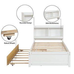 Olela Twin Bed with Trundle Bookshelf, Platform Twin Bed with Trundle with Bookcase Storage for Girls Boys, No Need Box Spring (White)