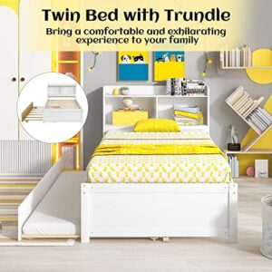 Olela Twin Bed with Trundle Bookshelf, Platform Twin Bed with Trundle with Bookcase Storage for Girls Boys, No Need Box Spring (White)