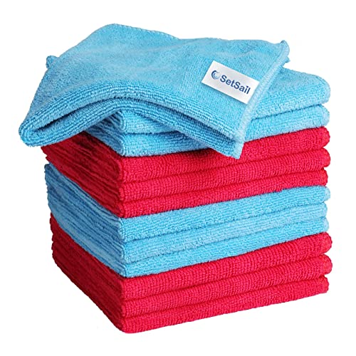 SetSail Microfiber Towel, 12 Pack Reusable and Washable Microfiber Cleaning Cloth Highly Absorbent Lint-Free Dish Towels for Kitchen, Bathroom, House, 11.8" x 11.8"(Red/Blue)