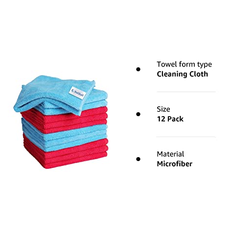 SetSail Microfiber Towel, 12 Pack Reusable and Washable Microfiber Cleaning Cloth Highly Absorbent Lint-Free Dish Towels for Kitchen, Bathroom, House, 11.8" x 11.8"(Red/Blue)