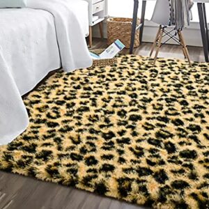 HOMORE Premium Leopard Fluffy Rugs, Leopard Print Rug for Living Room Bedroom,Soft Cheetah Print Rug for Kids Children Room, Faux Animal Printed Carpet for Western Decor,5x8 Feet Black and Khaki