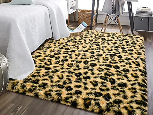 HOMORE Premium Leopard Fluffy Rugs, Leopard Print Rug for Living Room Bedroom,Soft Cheetah Print Rug for Kids Children Room, Faux Animal Printed Carpet for Western Decor,5x8 Feet Black and Khaki