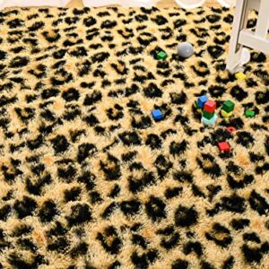 HOMORE Premium Leopard Fluffy Rugs, Leopard Print Rug for Living Room Bedroom,Soft Cheetah Print Rug for Kids Children Room, Faux Animal Printed Carpet for Western Decor,5x8 Feet Black and Khaki