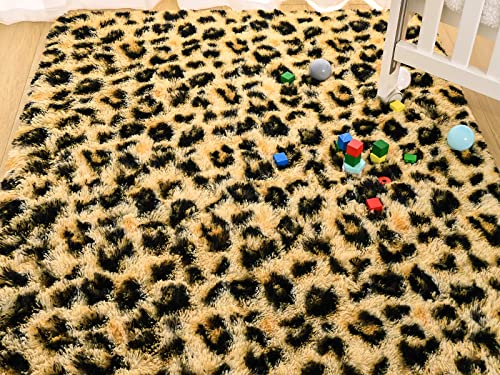 HOMORE Premium Leopard Fluffy Rugs, Leopard Print Rug for Living Room Bedroom,Soft Cheetah Print Rug for Kids Children Room, Faux Animal Printed Carpet for Western Decor,5x8 Feet Black and Khaki