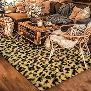 HOMORE Premium Leopard Fluffy Rugs, Leopard Print Rug for Living Room Bedroom,Soft Cheetah Print Rug for Kids Children Room, Faux Animal Printed Carpet for Western Decor,5x8 Feet Black and Khaki