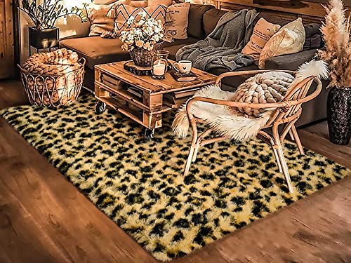 HOMORE Premium Leopard Fluffy Rugs, Leopard Print Rug for Living Room Bedroom,Soft Cheetah Print Rug for Kids Children Room, Faux Animal Printed Carpet for Western Decor,5x8 Feet Black and Khaki