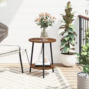 HOOBRO End Table with Charging Station, 2-Tier Round Side Table with Wooden Shelves, Modern Farmhouse Small Accent Table for Living Room Bedroom, Small Spaces, Rustic Brown and Black BF671BZ01