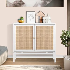 Recaceik Ratten Sideboard Buffet Cabinet/Console Table, Natural Accent Storage Cabinet with 2 Ratten Doors and Metal Legs, Rustic Wood Sideboard Furniture for Bedroom, Kitchen