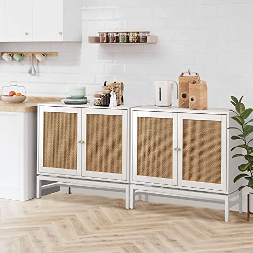 Recaceik Ratten Sideboard Buffet Cabinet/Console Table, Natural Accent Storage Cabinet with 2 Ratten Doors and Metal Legs, Rustic Wood Sideboard Furniture for Bedroom, Kitchen