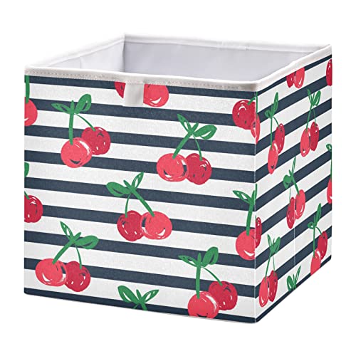 Poeticcity Seamless Red Cherries with Green Leaves on Black White Stripes Square Storage Basket Bin, Collapsible Storage Box, Foldable Nursery Baskets Organizer for Toy, Clothes Easy to Assemble