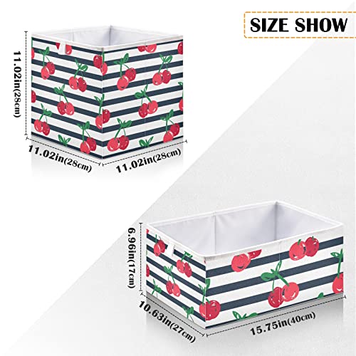 Poeticcity Seamless Red Cherries with Green Leaves on Black White Stripes Square Storage Basket Bin, Collapsible Storage Box, Foldable Nursery Baskets Organizer for Toy, Clothes Easy to Assemble