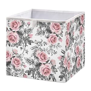 poeticcity vintage pink rose flowers and grey leaves seamless on white square storage basket bin, collapsible storage box, foldable nursery baskets organizer for toy, clothes easy to assemble