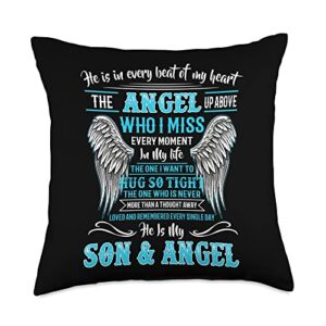 i miss my son, honor memorial of my son in heaven he is in every beat of my heart up above angel he is my son throw pillow, 18x18, multicolor
