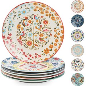 getstar 10.5” ceramic dinner plates with underglaze assorted patterns, set of 6, microwave & dishwasher safe, colorful porcelain salad pasta dinner plates set of 6