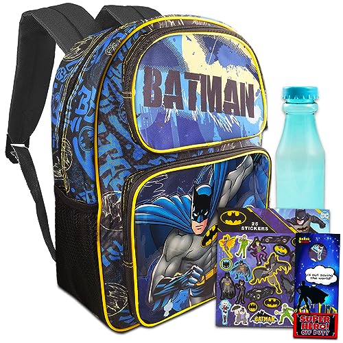 Batman Backpack for Kids - Bundle with 16" Batman Backpack Plus Batman Stickers, Water Bottle, and More for Boys and Girls (Batman School Supplies)