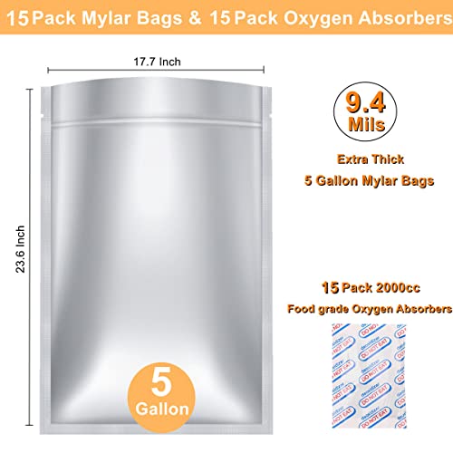 Ztalee 15 Pack 5 Gallon Mylar Bags (9.4 Mil) and 15x 2000cc Oxygen Absorbers, Vacuum Resealable Ziplock Mylar Aluminum Foil Bags, Oxygen Absorbers Packets for Long Term Food Storage