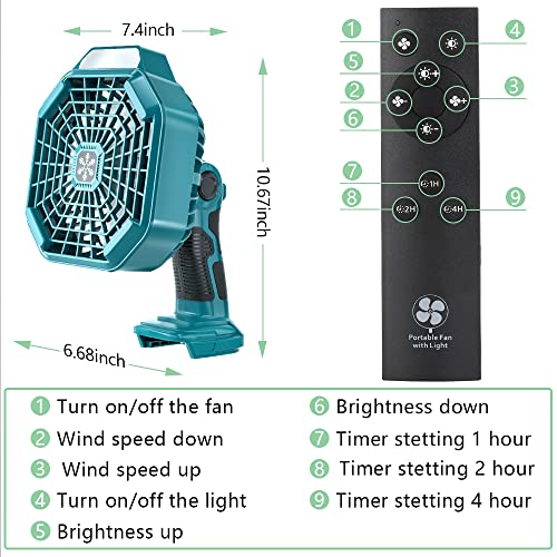 WaxPar 3 in 1 Camping Fan with LED Lantern, USB Portable Cordless Fan Powered by Makita 18V LXT Lithium-ion Battery, 3 Speed Battery Operated Fan Personal Handheld Fan with Remote Table Fan