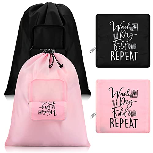 Foldable Travel Laundry Bag with Drawstring Closure 21 x 22 Inches Lightweight Waterproof Travel Organizer Bags for Luggage Garment Bags for Laundry Dirty Clothes Bag for Traveling (Black, Pink)