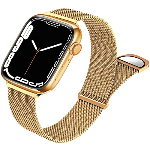 Metal Milanese Loop Band Compatible with Apple Watch Band 38mm 40mm 41mm for Women Men, Stainless Steel Mesh Magnetic Strap for iWatch Series Ultra/8/7/6/5/4/3/2/1/SE, Gold