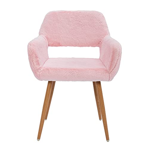 SSLine Faux Fur Vanity Chair Elegant Pink Furry Makeup Desk Chairs for Girls Women Modern Comfy Fluffy Arm Chair with Wood Look Metal Legs in Bedroom Living Room